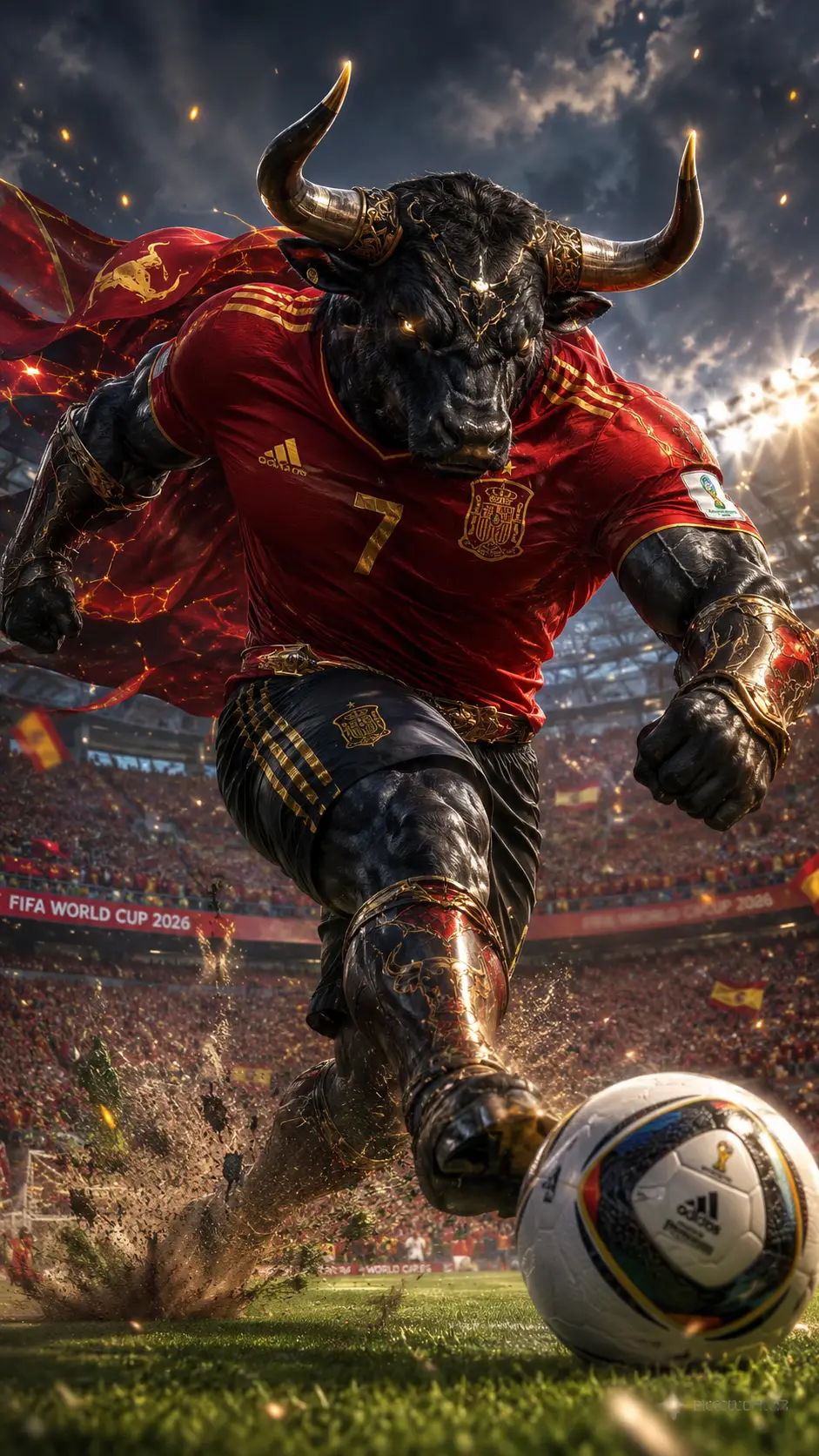 金牛座公牛戰士在世界盃球場猛踢足球