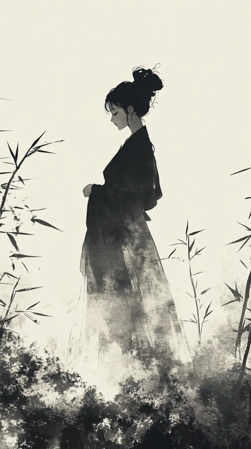 竹林中以水墨描繪的優雅女子