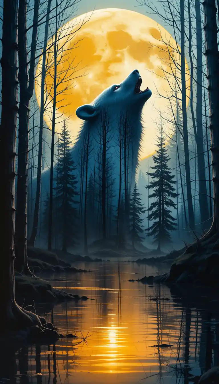 Double exposure forest within a howling polar bear silhouette