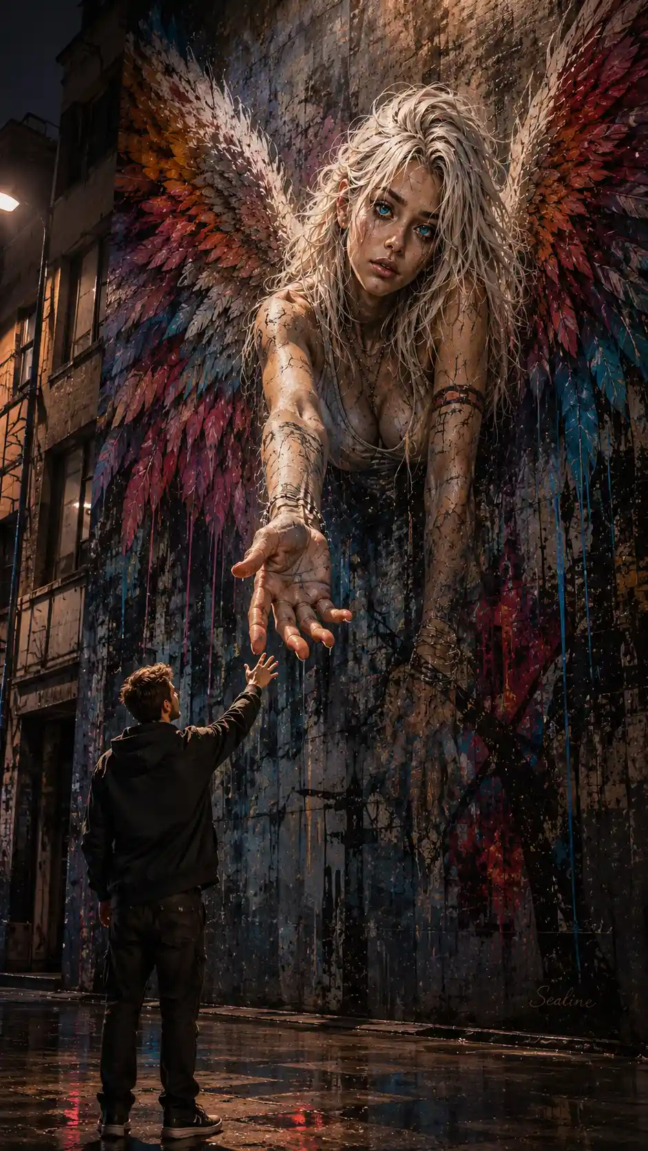 Angel graffiti reaching toward a man on the street