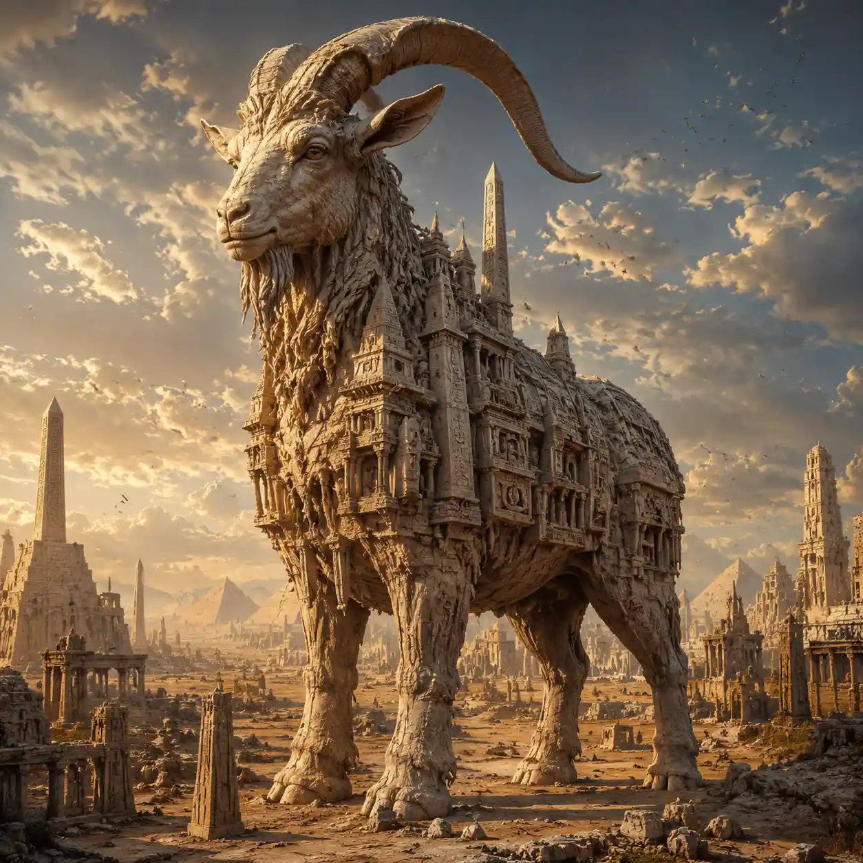 Ancient Stone Goat Colossus In Desert Ruins