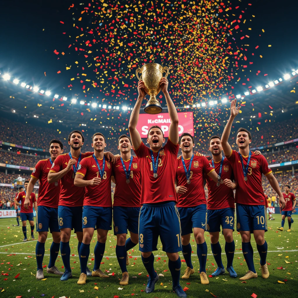Spanish players celebrating world cup victory with trophy