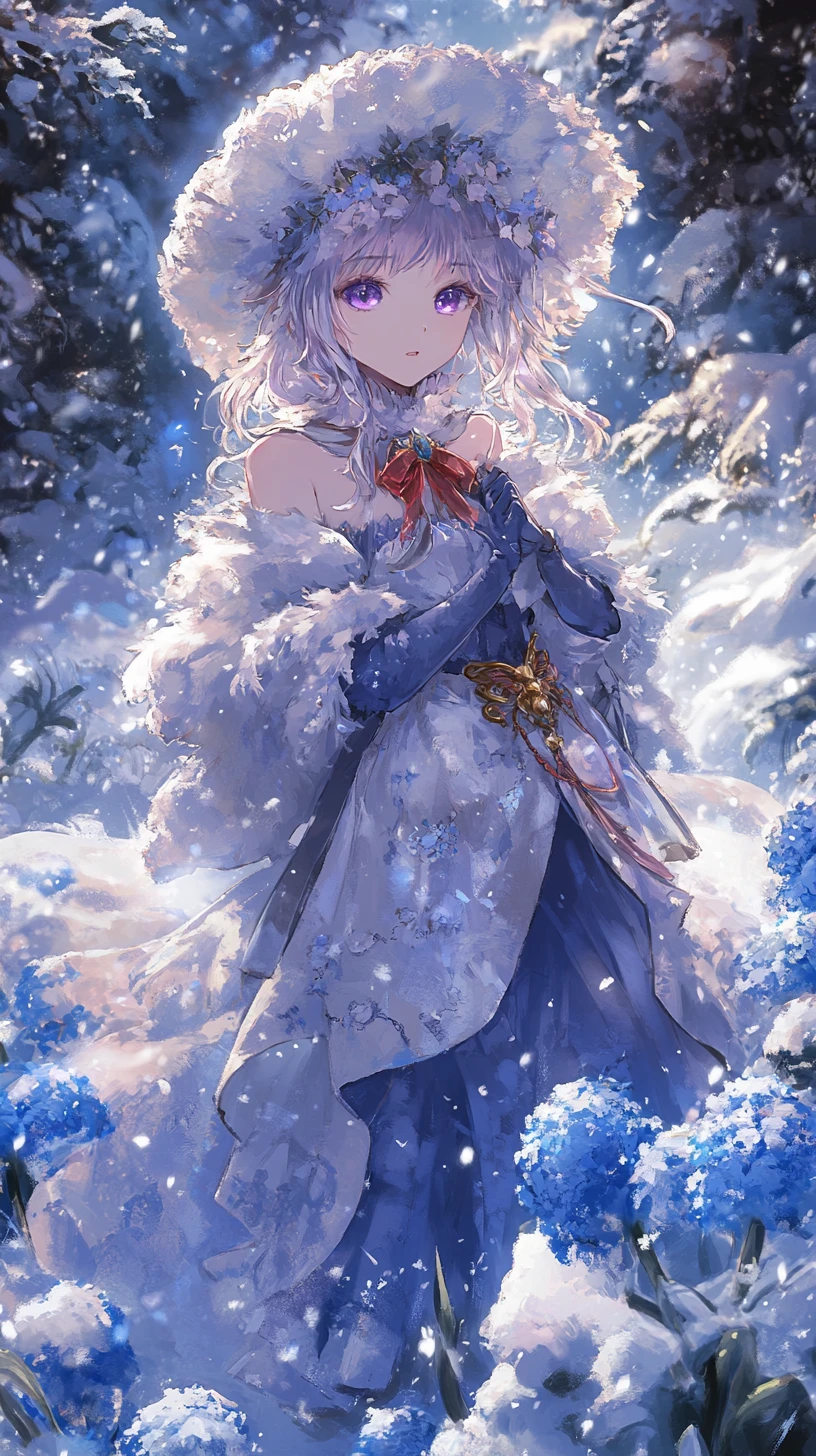 Anime girl in ornate winter dress with floral embroidery