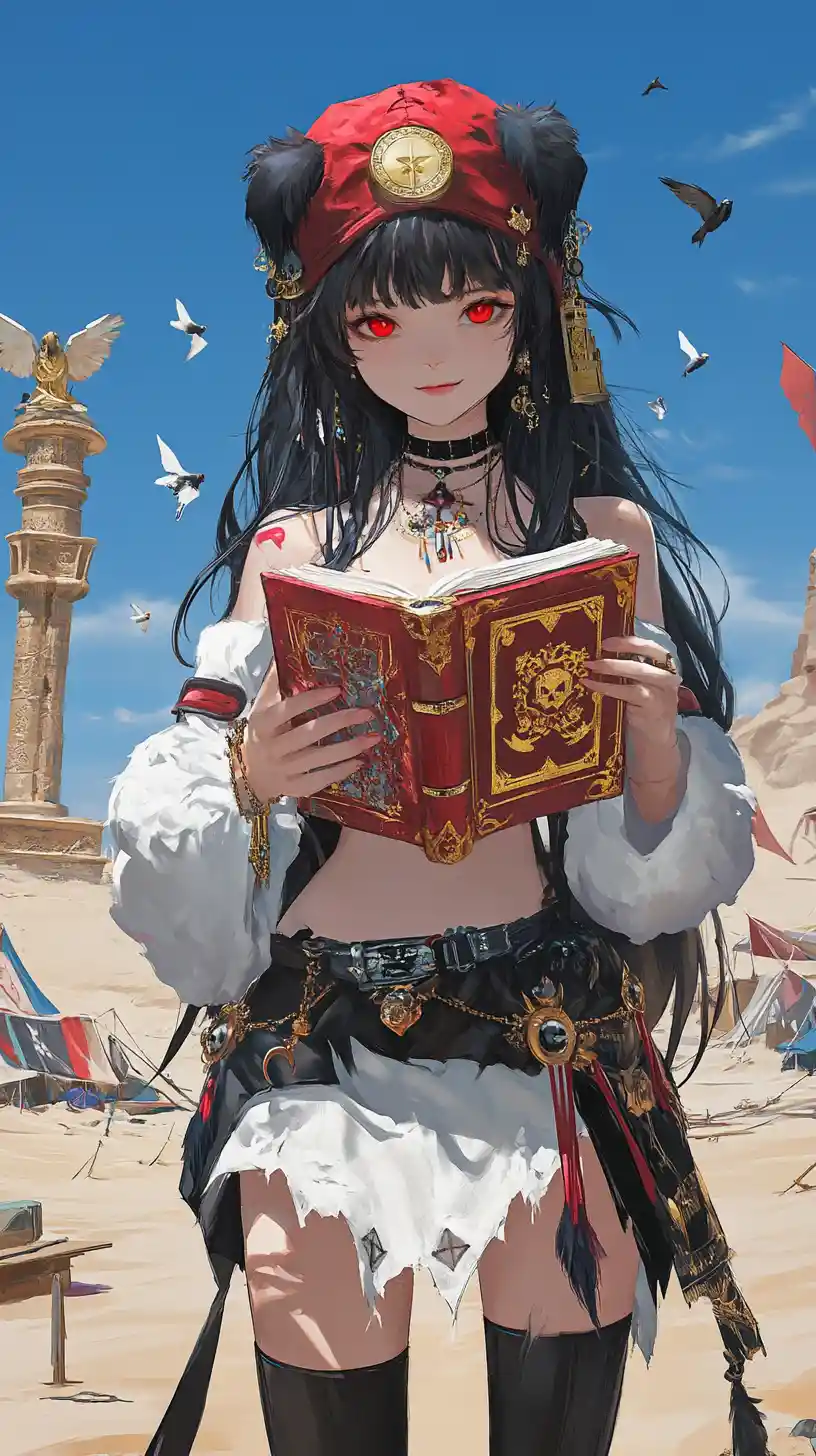 Anime girl with demonic book before ruined desert castle at dusk