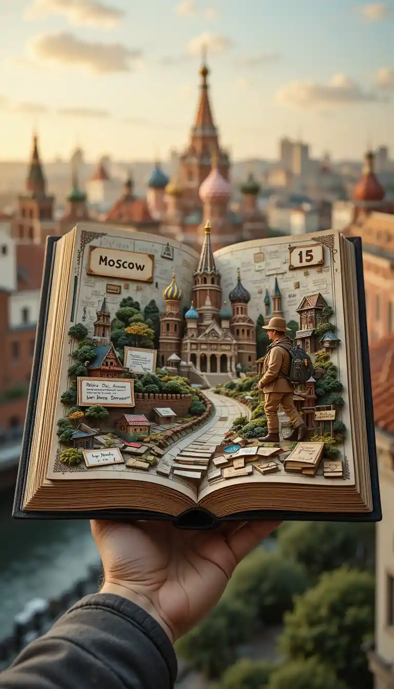 Mano che tiene una rivista di viaggio vintage con diorama di Mosca