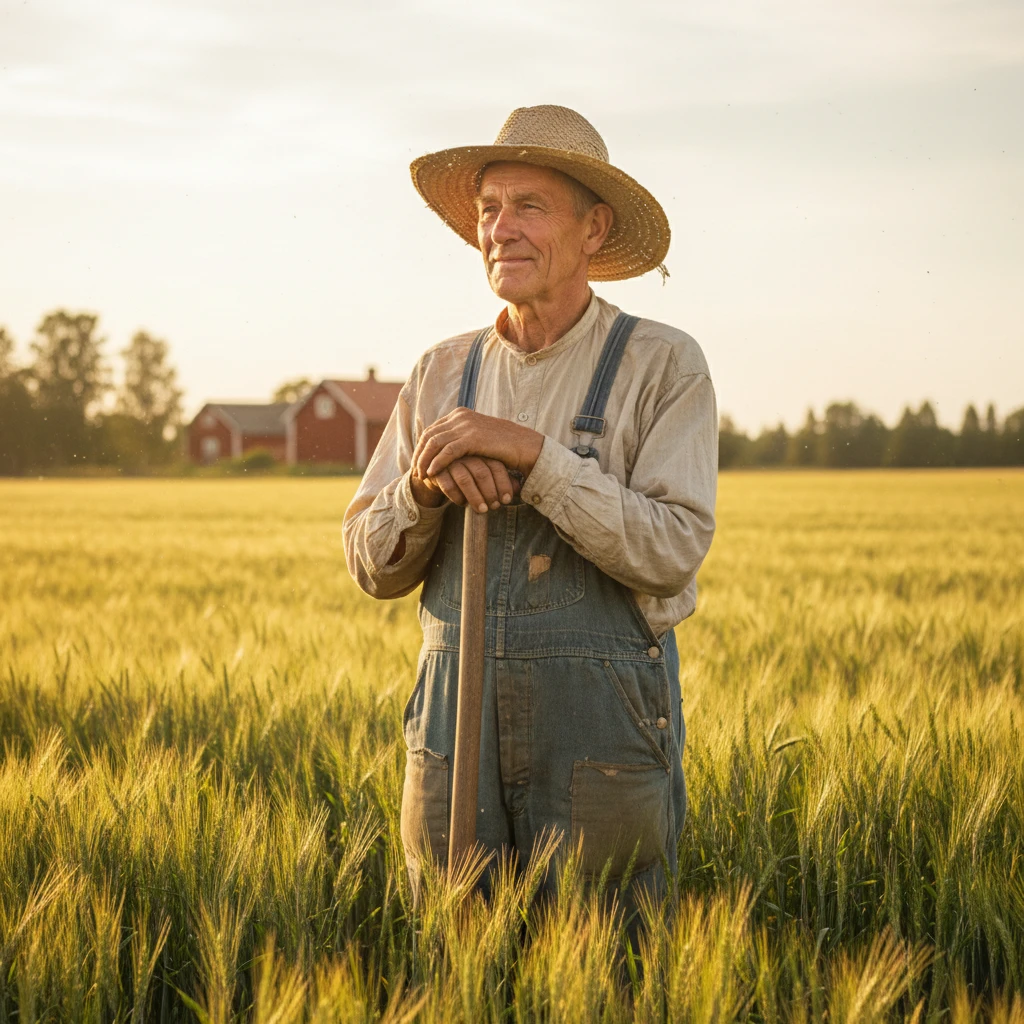 Proud Swedish farmer in a sunlit 1912 wheat field