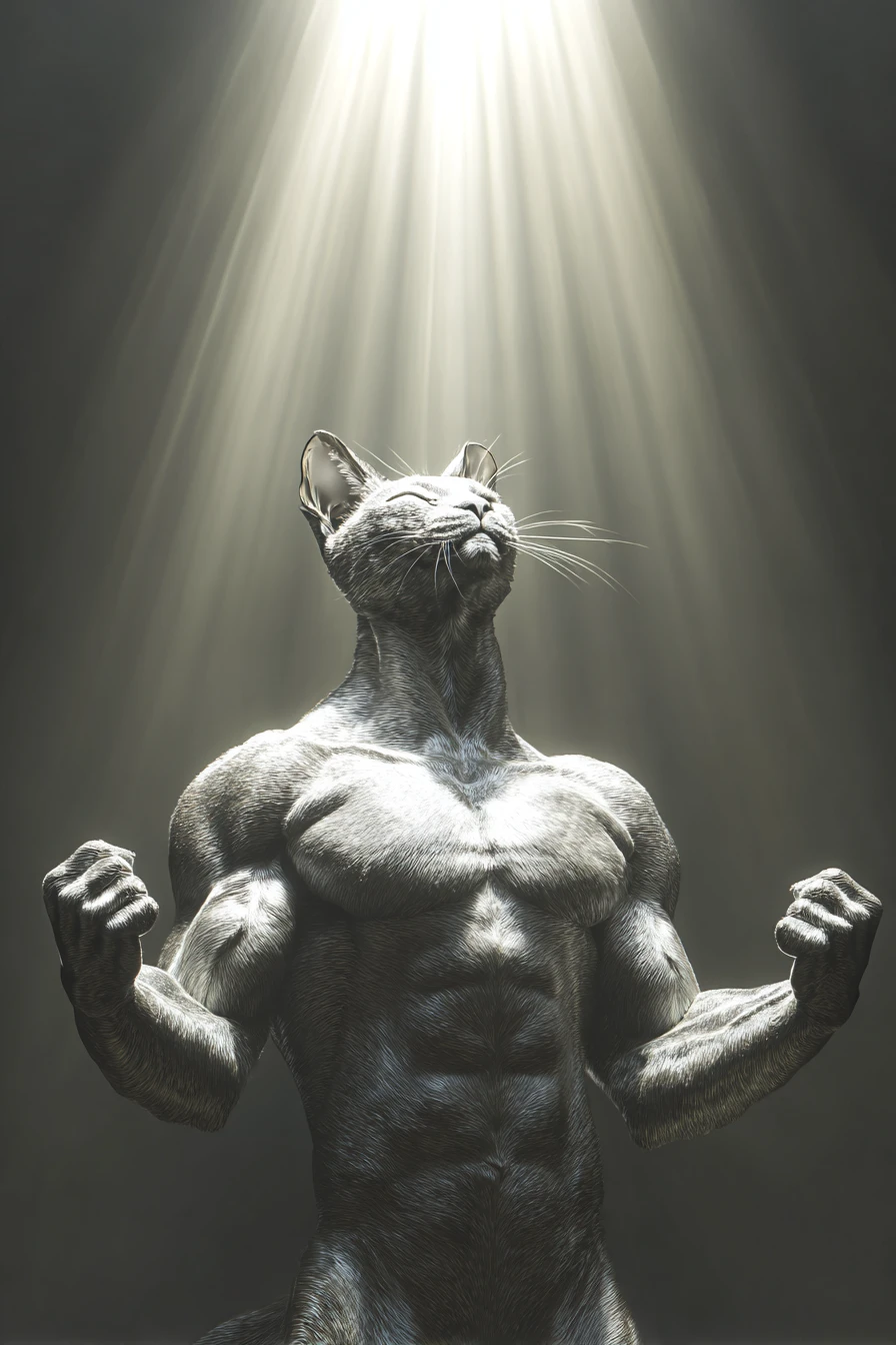 Muscular magical cat glowing with ancient star fed power