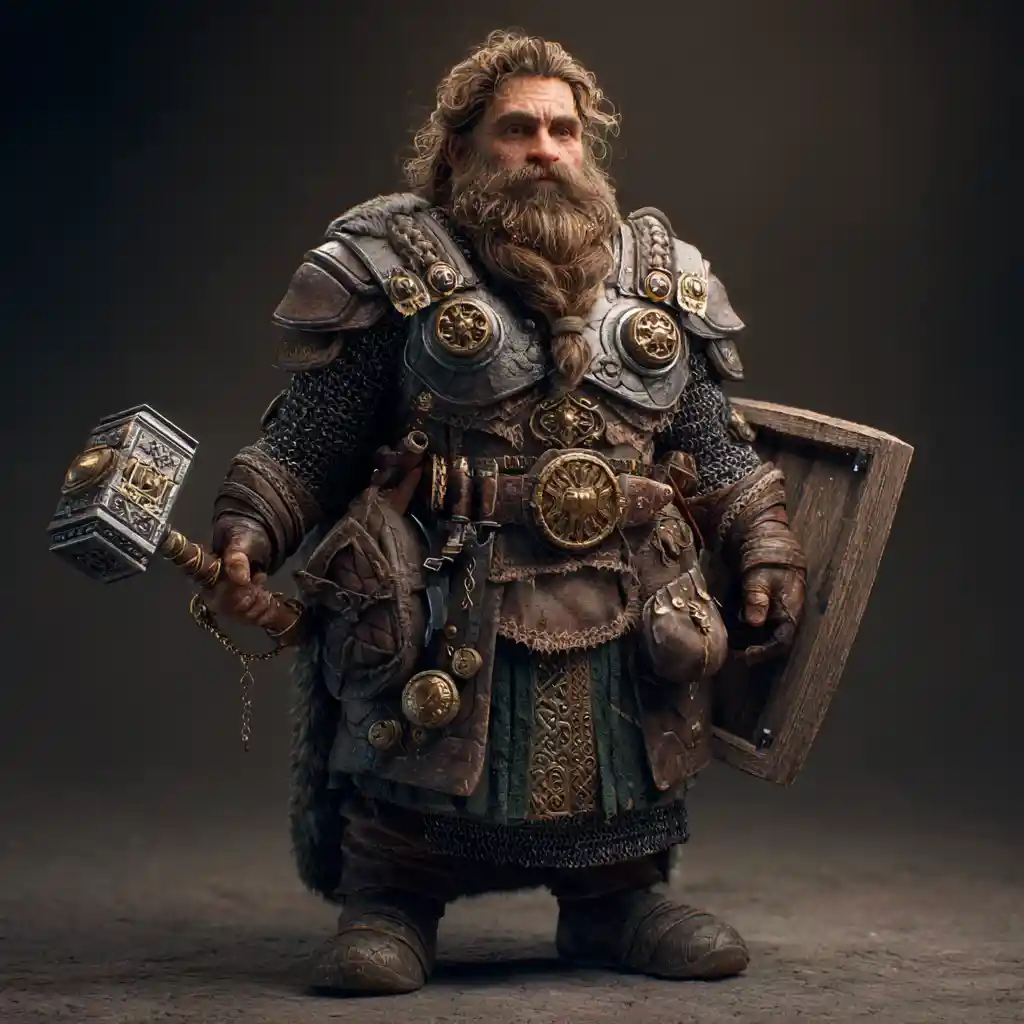 Armored dwarf smith with hammer and shield at the forge