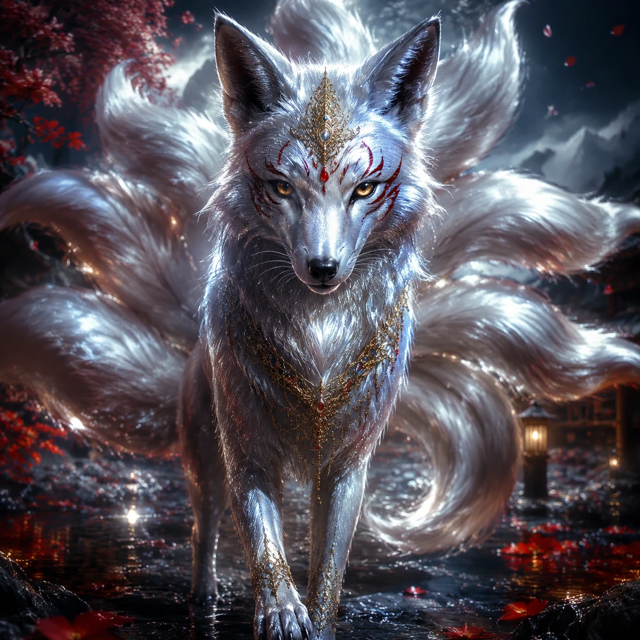 Silver kitsune fox facing forward in fantasy light