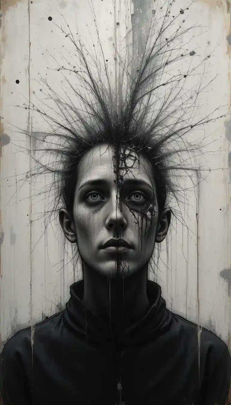 Melancholic portrait of a person in abstract chiaroscuro painting