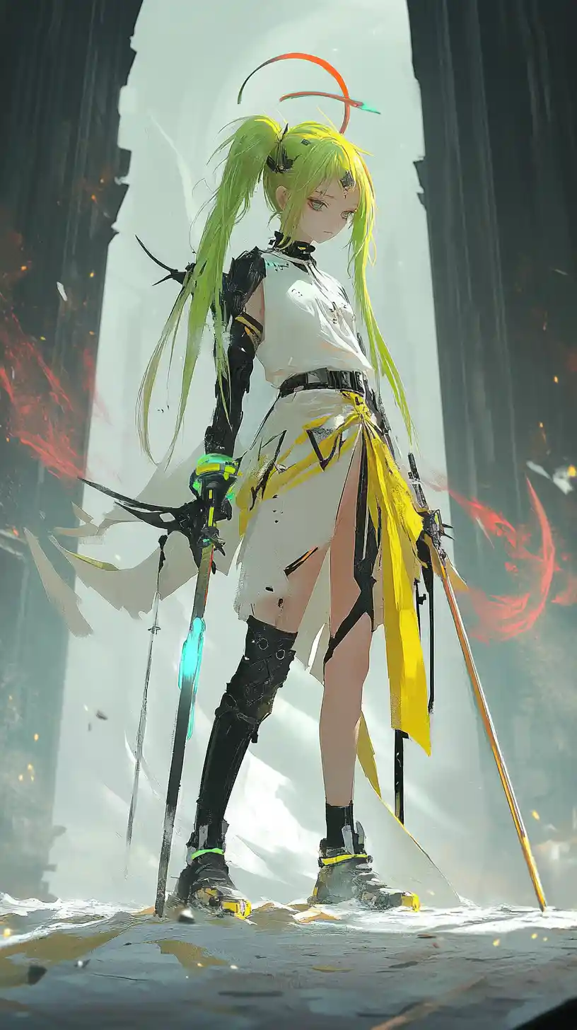 Ragazza anime con giacca al neon, treccia e armatura metallica