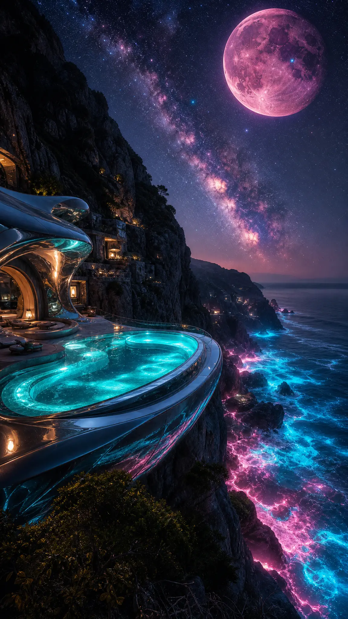 Futuristic cliffside jacuzzi overlooking glowing ocean and sky