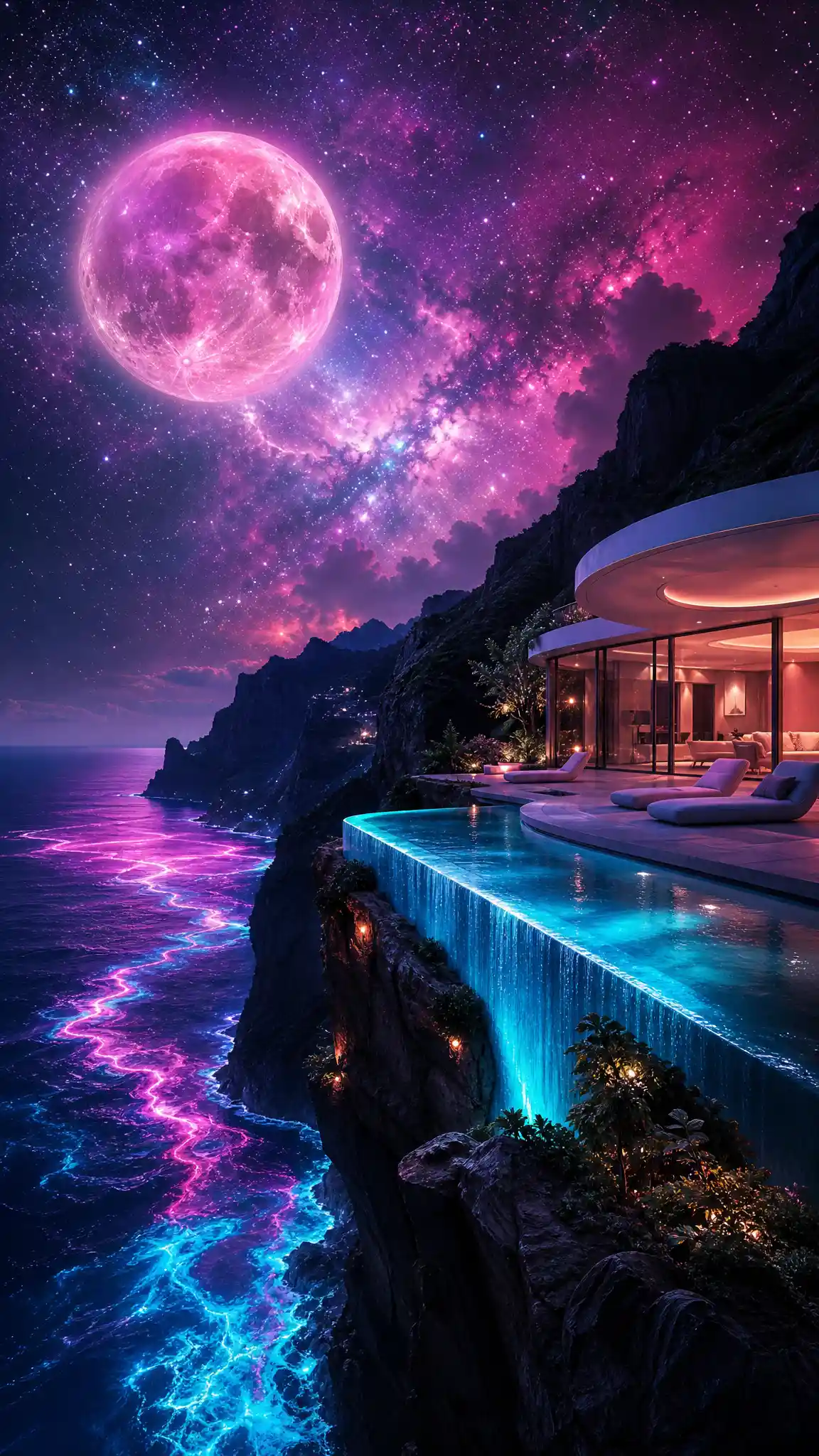 Luxury infinity pool on a high mountain terrace at night