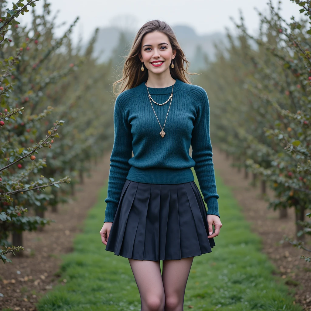 Smiling British woman walking through a sunlit orchard