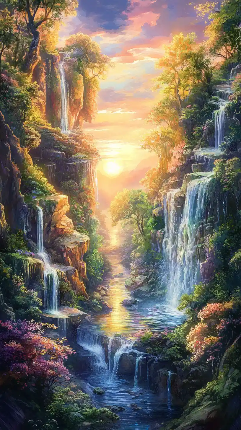 Montagne e fiume in stile anime illuminati dal sole caldo
