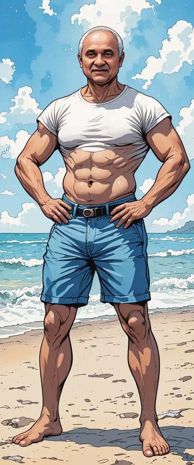 Muscular young man posing on a sunny beach in shorts