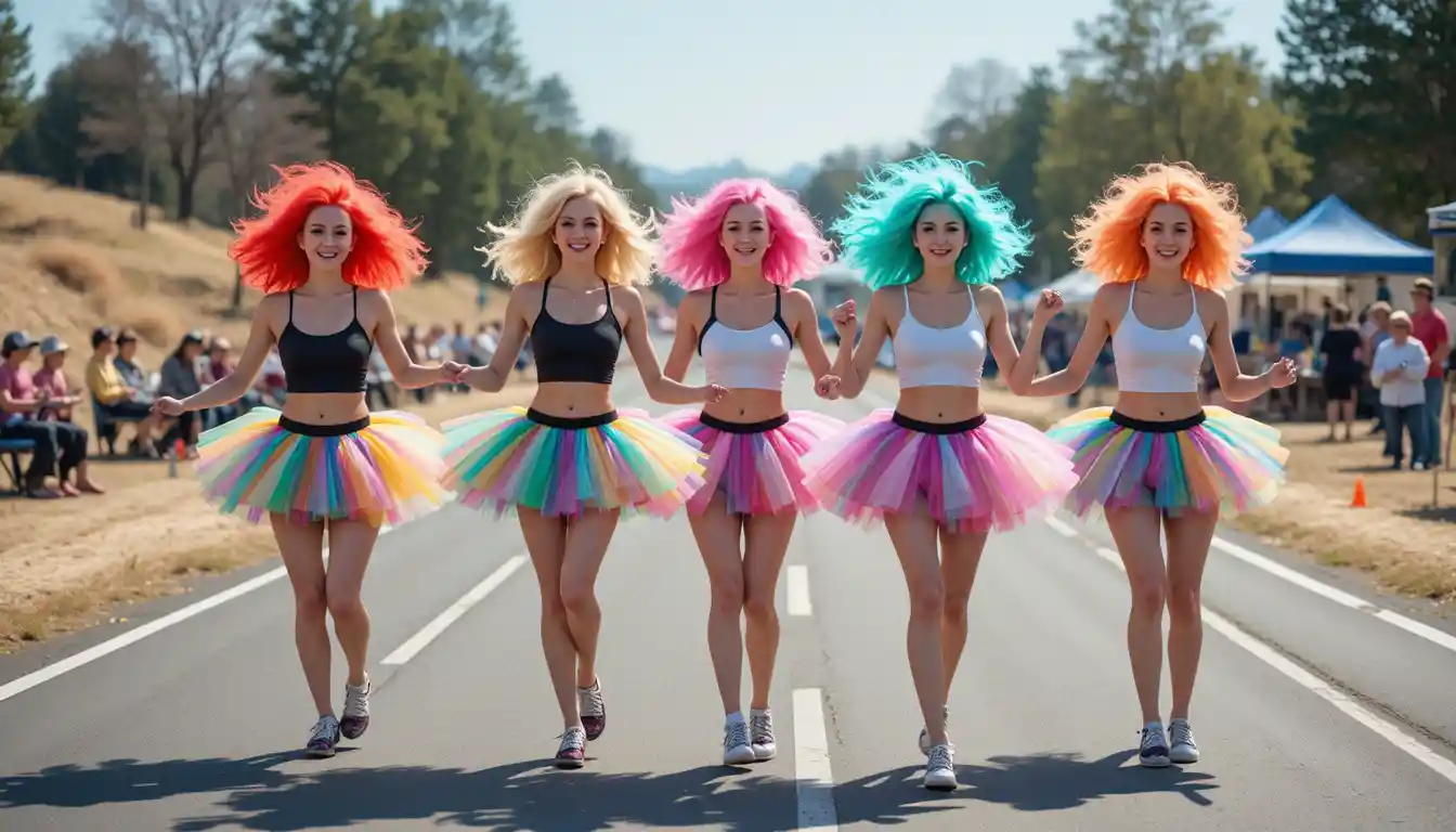 Women dancing in colorful wigs and tutus at roadside event
