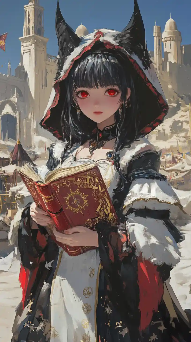 Anime girl with demonic book before ruined desert castle at dusk