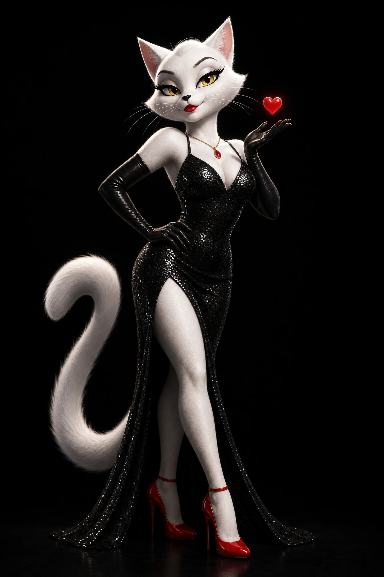 Glamorous white cat woman in black sequin evening gown