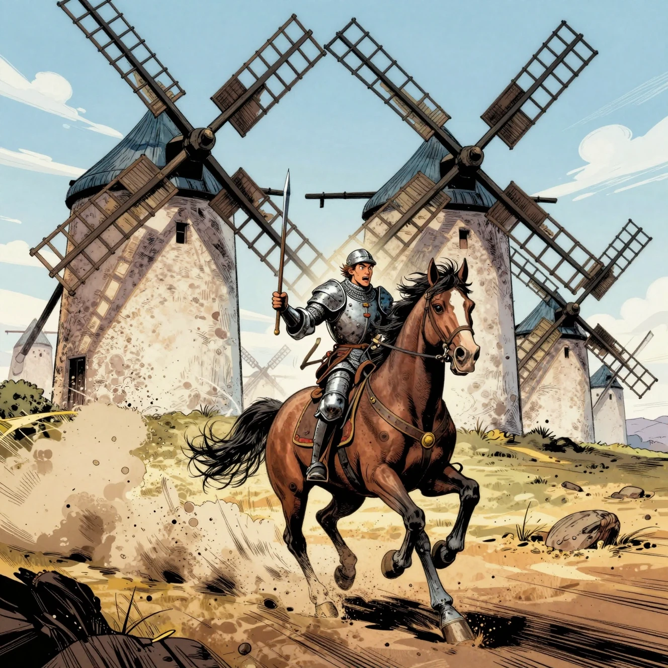Knight charging toward giant windmills in comic style