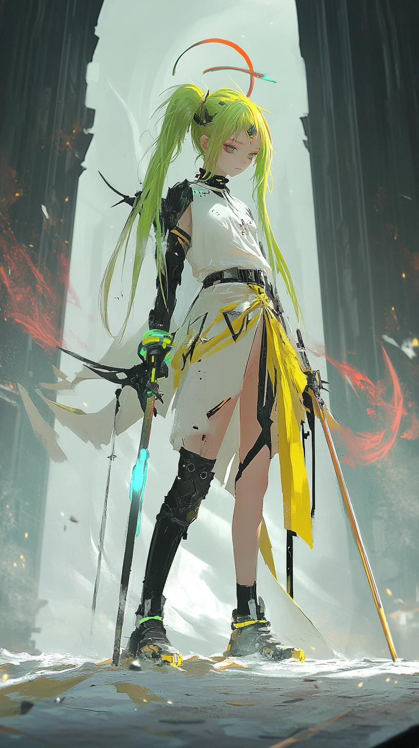 Anime girl in neon jacket with braid and metal armor