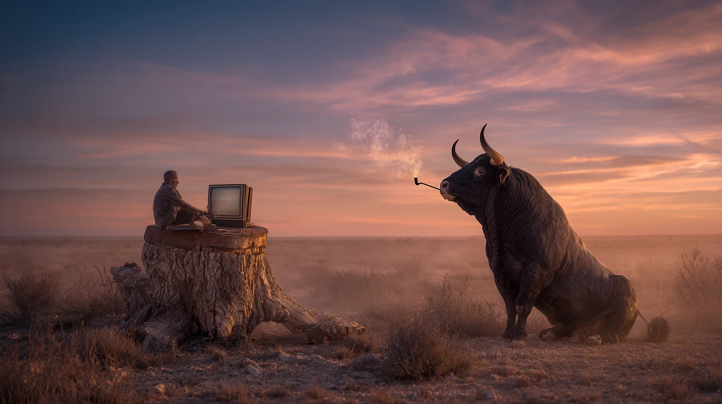 Spanish bull watching a television on a sunset plain