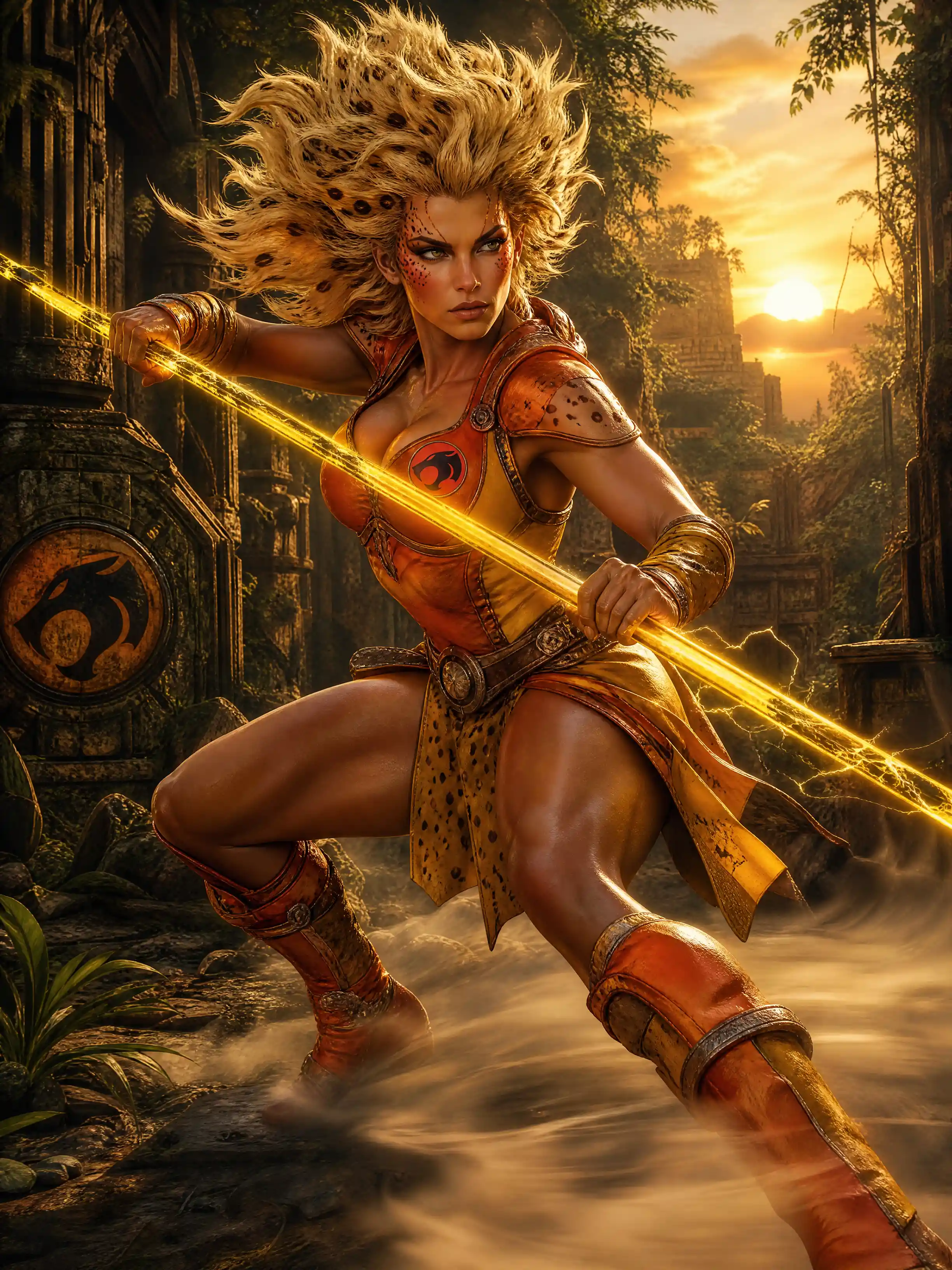 Feline warrior woman sprinting through glowing jungle ruins