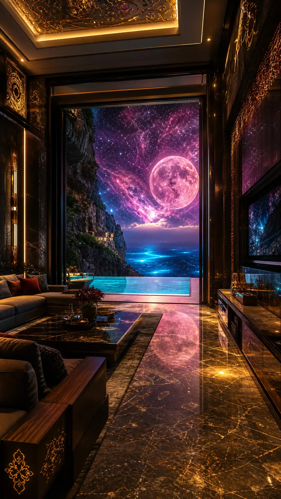 Luxurious mountain suite living room with open glass doors
