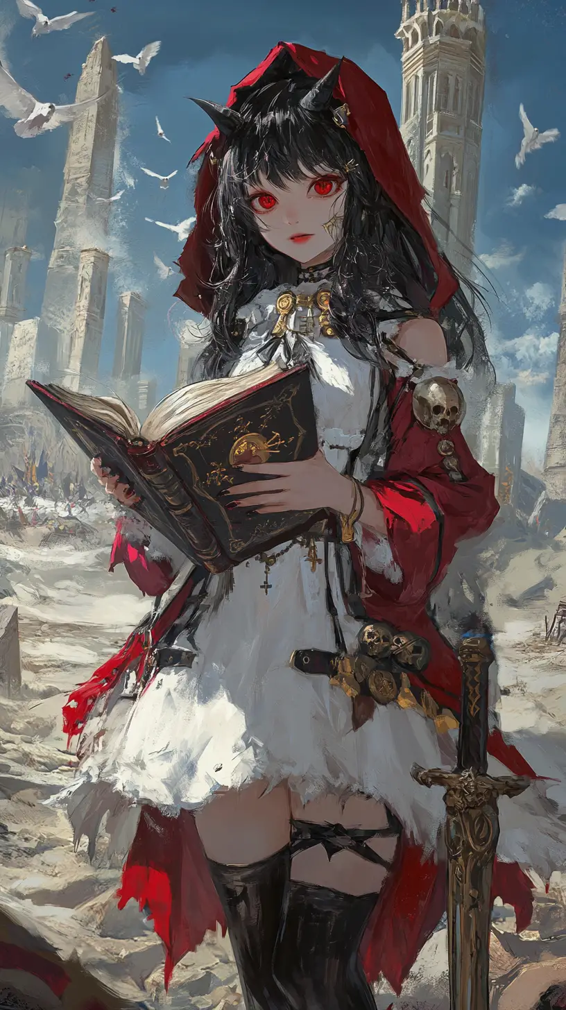 Anime girl with demonic book before ruined desert castle at dusk