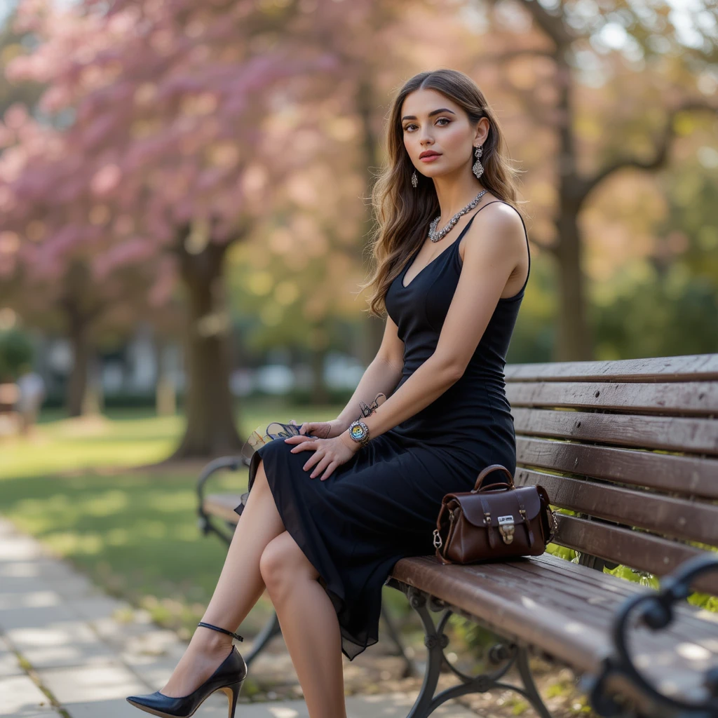 Elegant Greek woman in a midi dress sitting in a city park