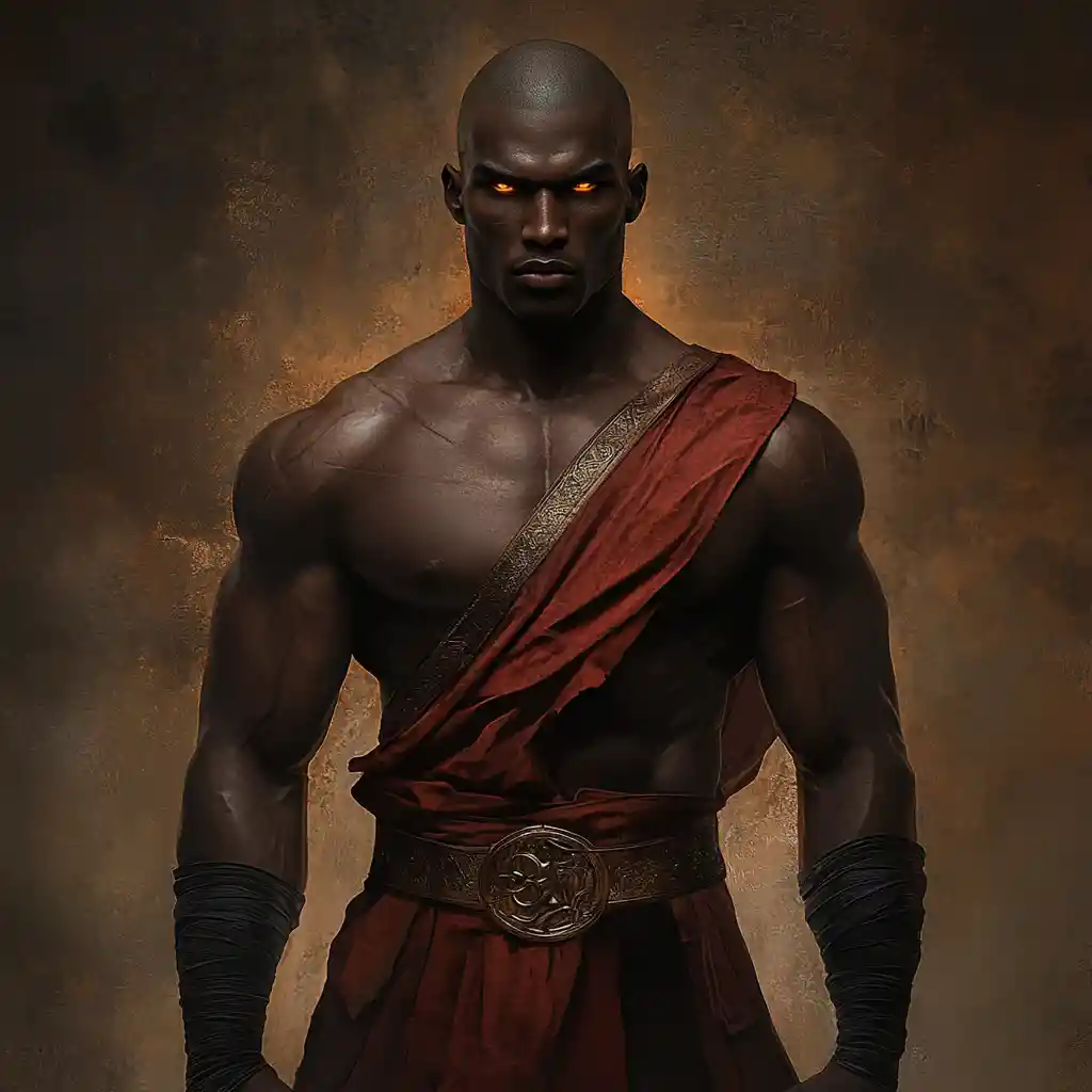 Dark fantasy monk martial artist with amber eyes