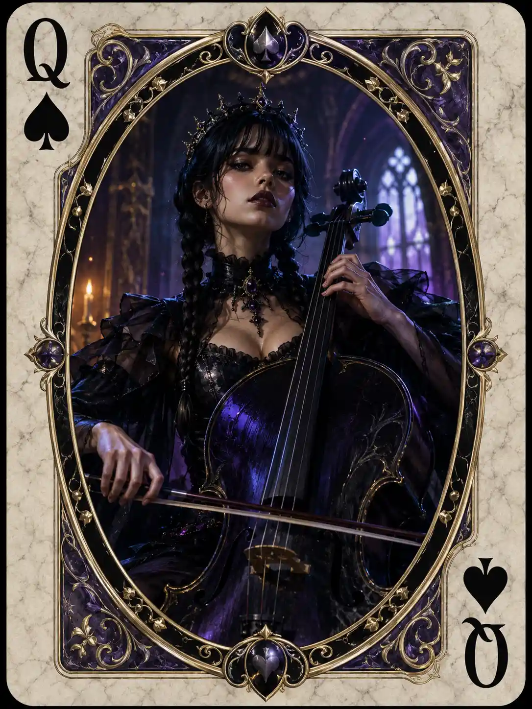 Sultry fantasy woman playing cello within ornate card frame