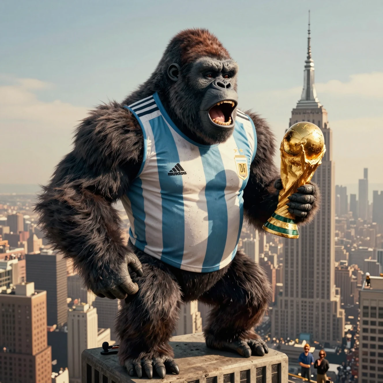 Giant gorilla in jersey atop city skyscraper at sunset