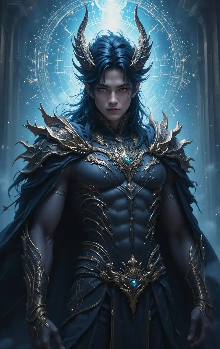 Dragon horned anime warrior in black and gold armor