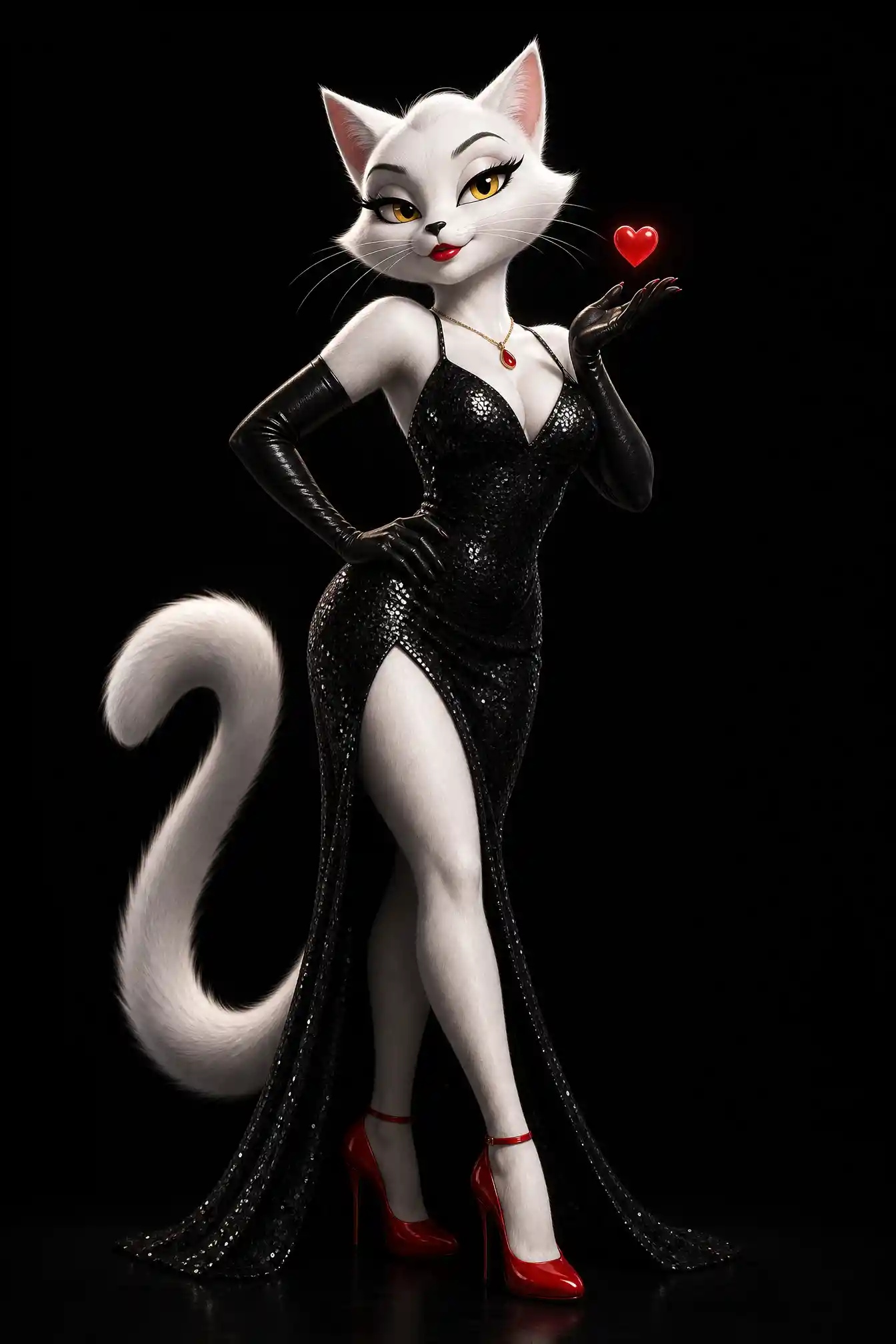 Glamorous white cat woman in black sequin evening gown