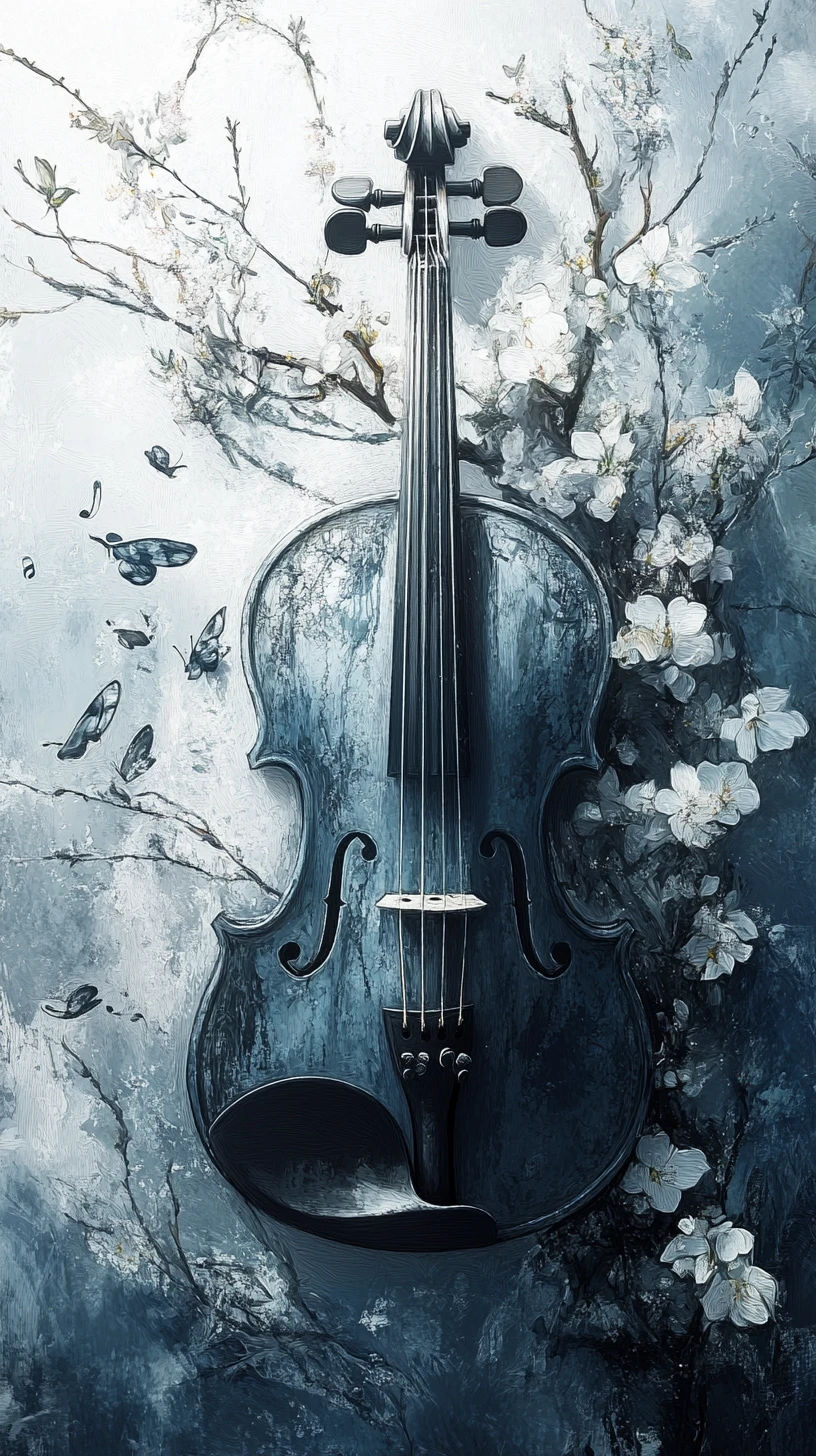 Surreal Violin Transforming Into Flowering Branches And Moths