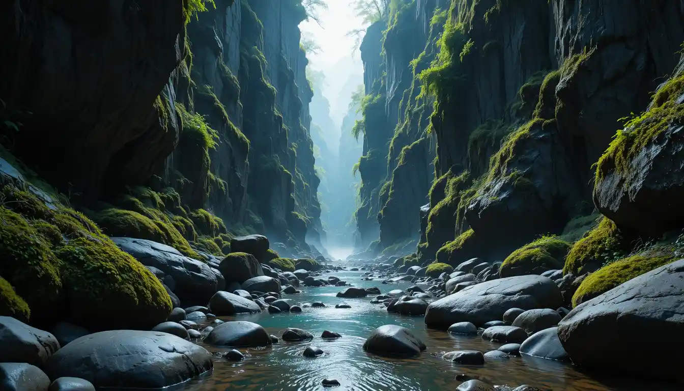 Cinematic wide angle view into a narrow mossy canyon