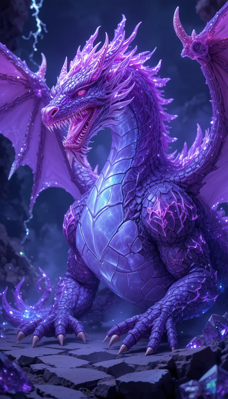 Sleeping crystal dragon in a glowing purple close up scene