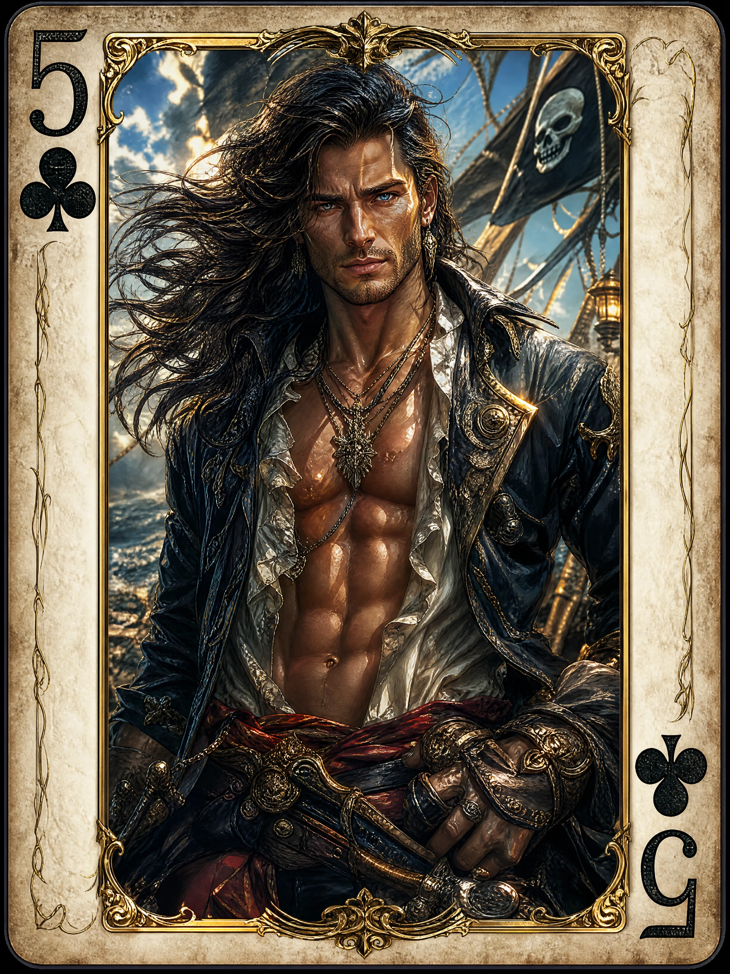 Epic fantasy pirate within a five of clubs card frame