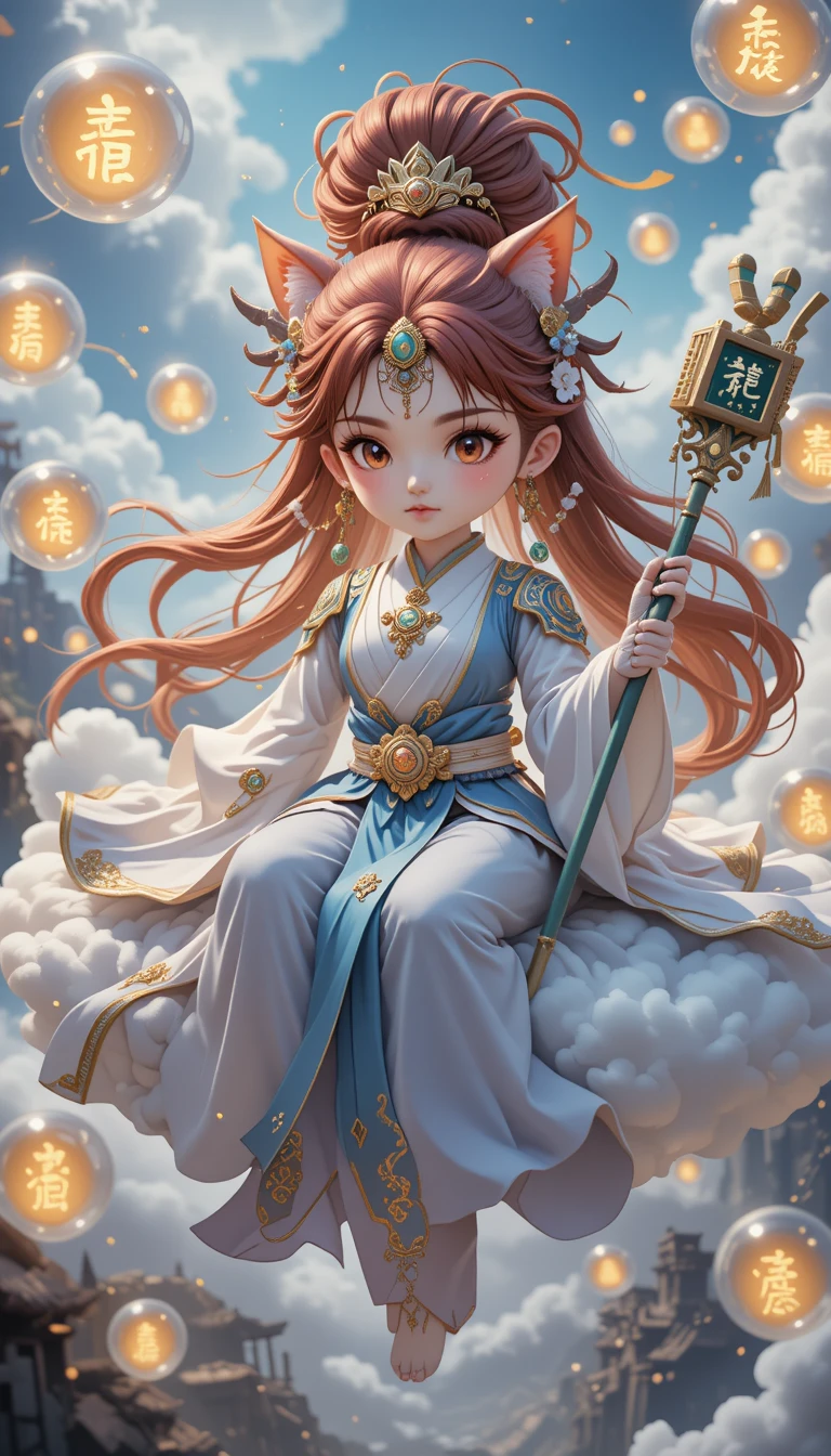 Anthropomorphic cat priestess on a floating mystical cloud