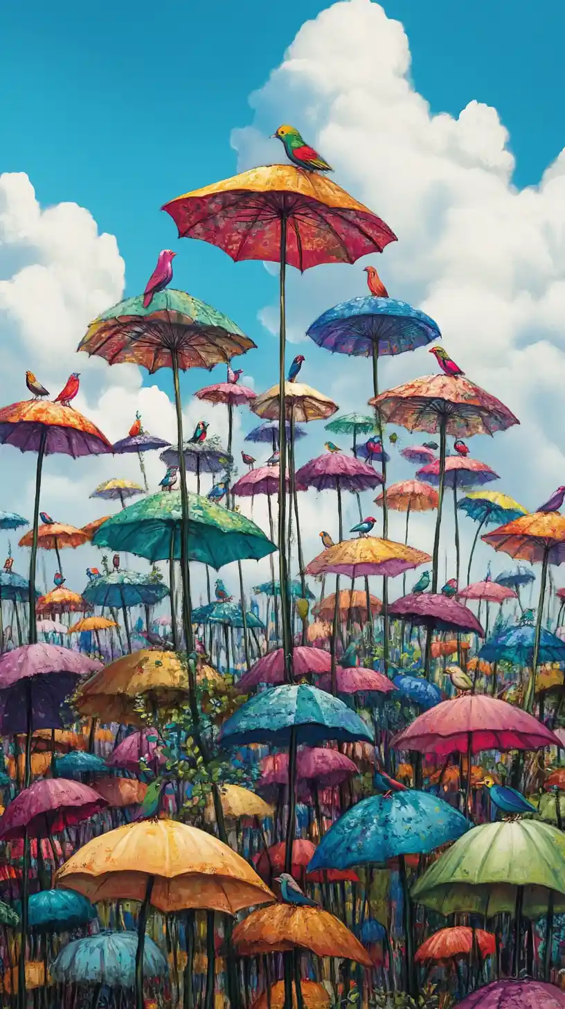 Surreal forest of umbrella trees growing vivid colorful birds