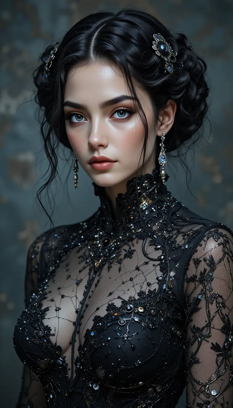 穿著黑色長裙與黑翼的魅惑暗黑天使女子