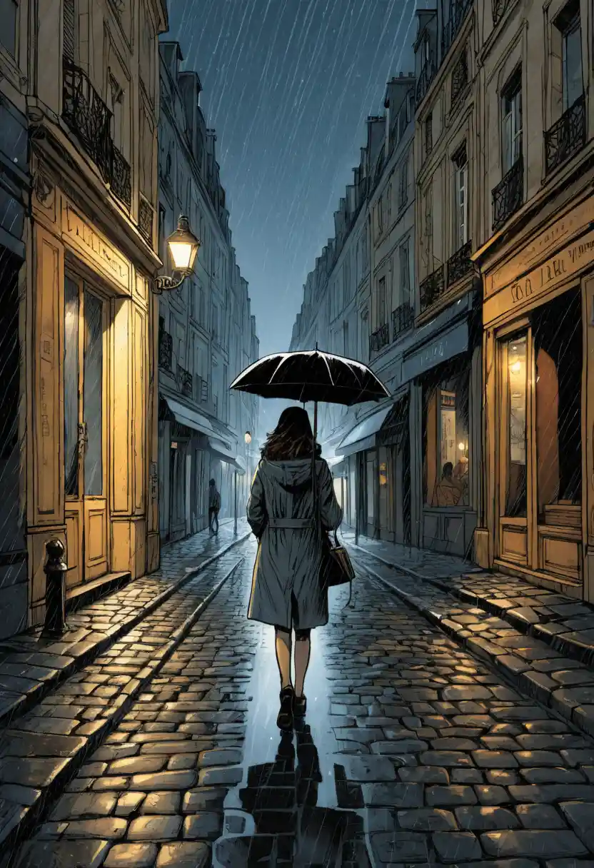 Lonely young woman walking a rainy Paris street at night