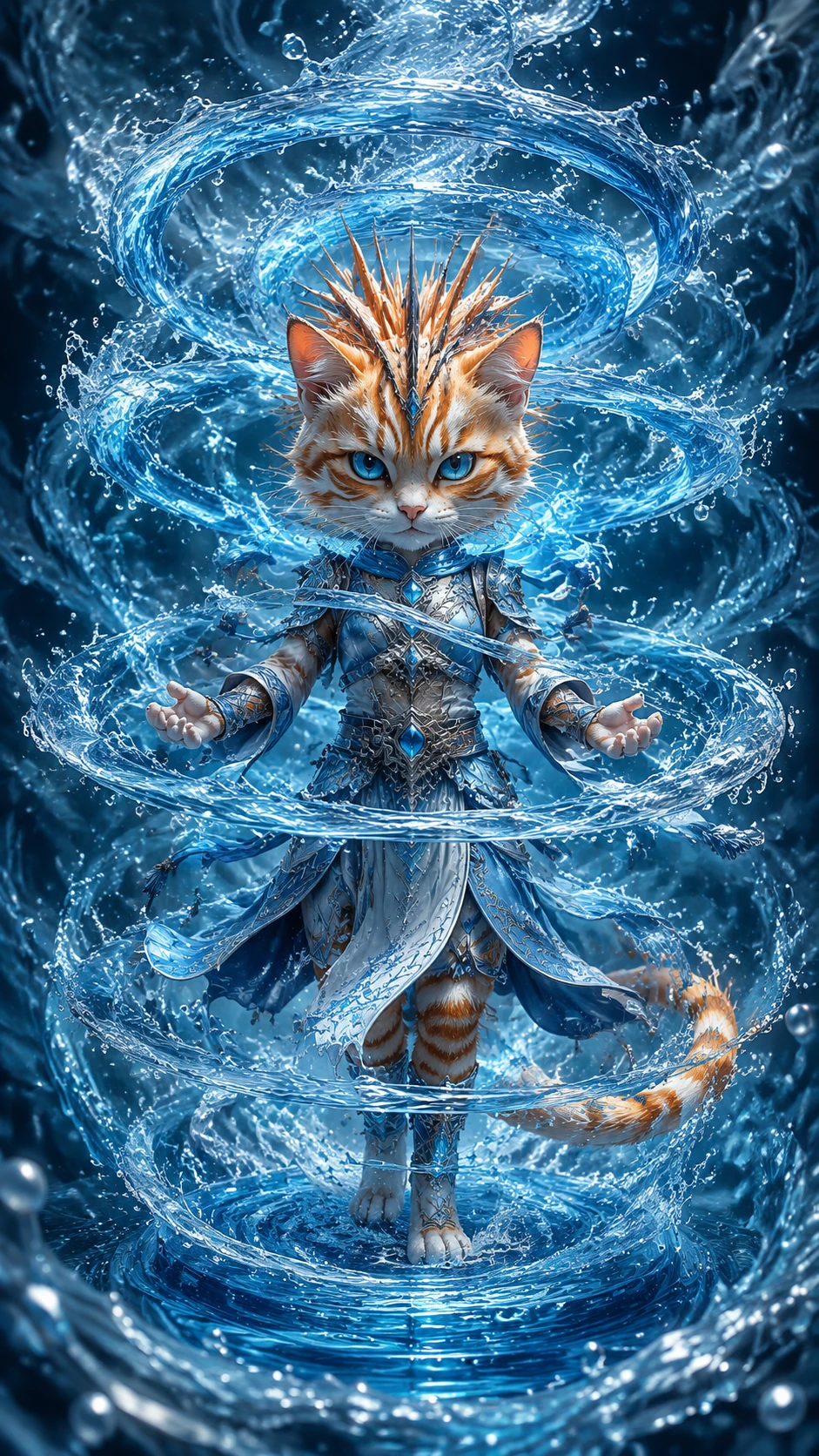 Anthropomorphic tabby cat mage with swirling water magic