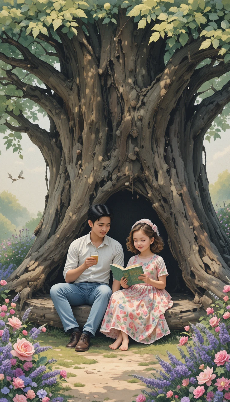 Girl reading to her doll under a blooming tree