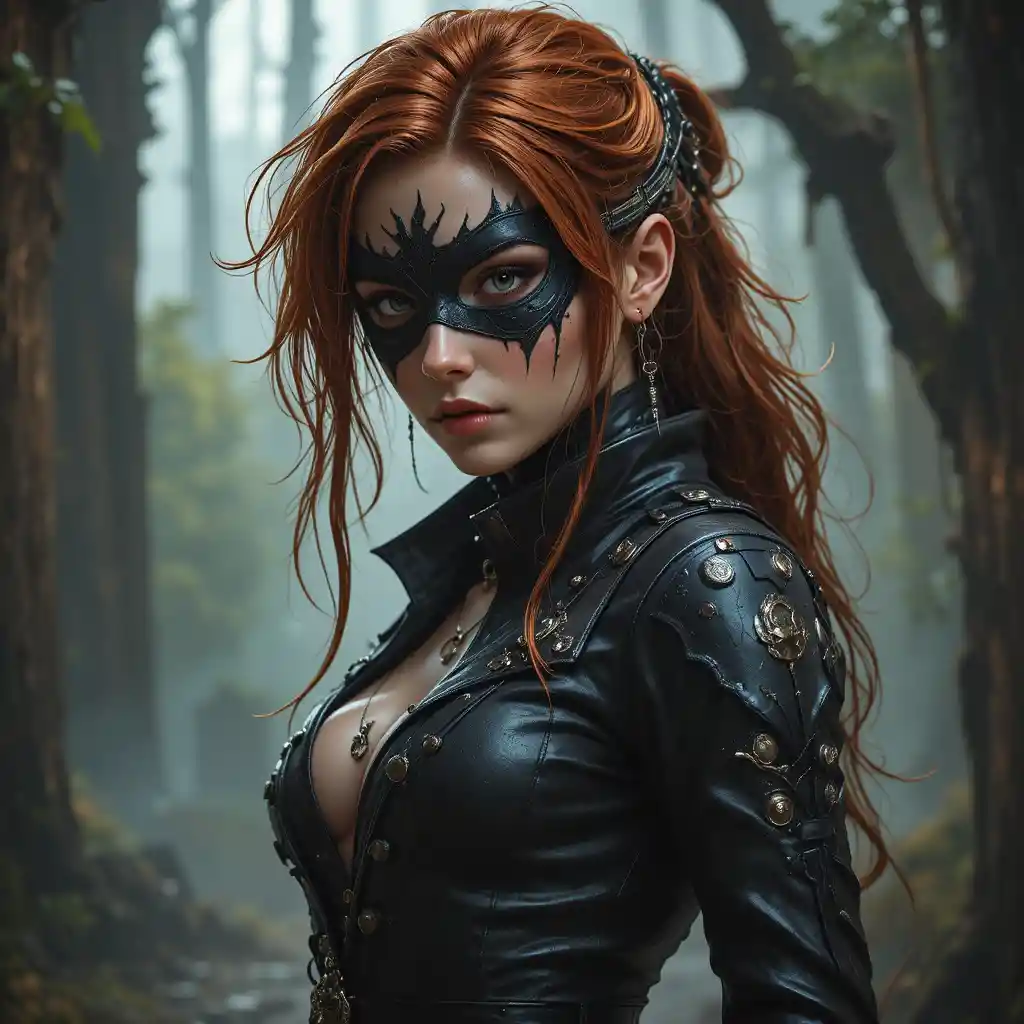 Redheaded rogue woman with saber and dagger in leather