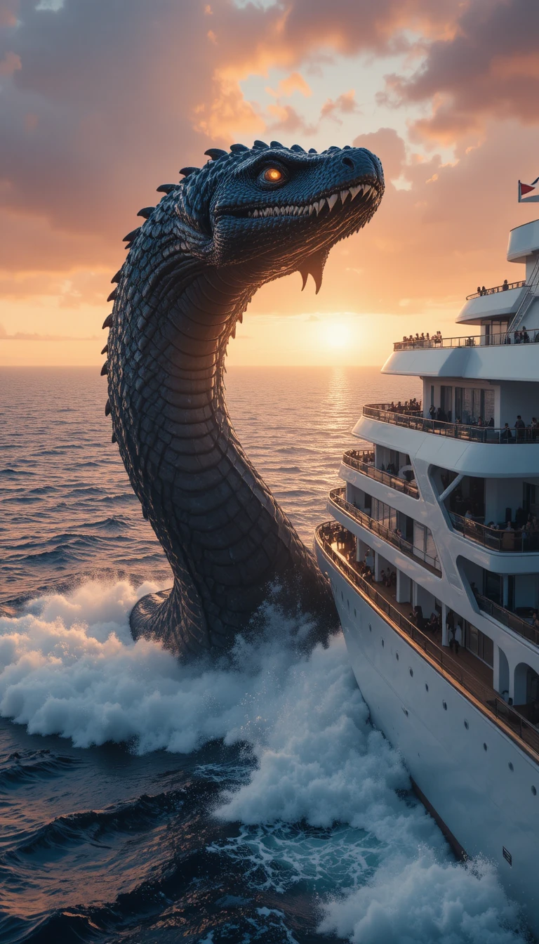 Giant sea serpent towering beside luxury cruise ship at sunset