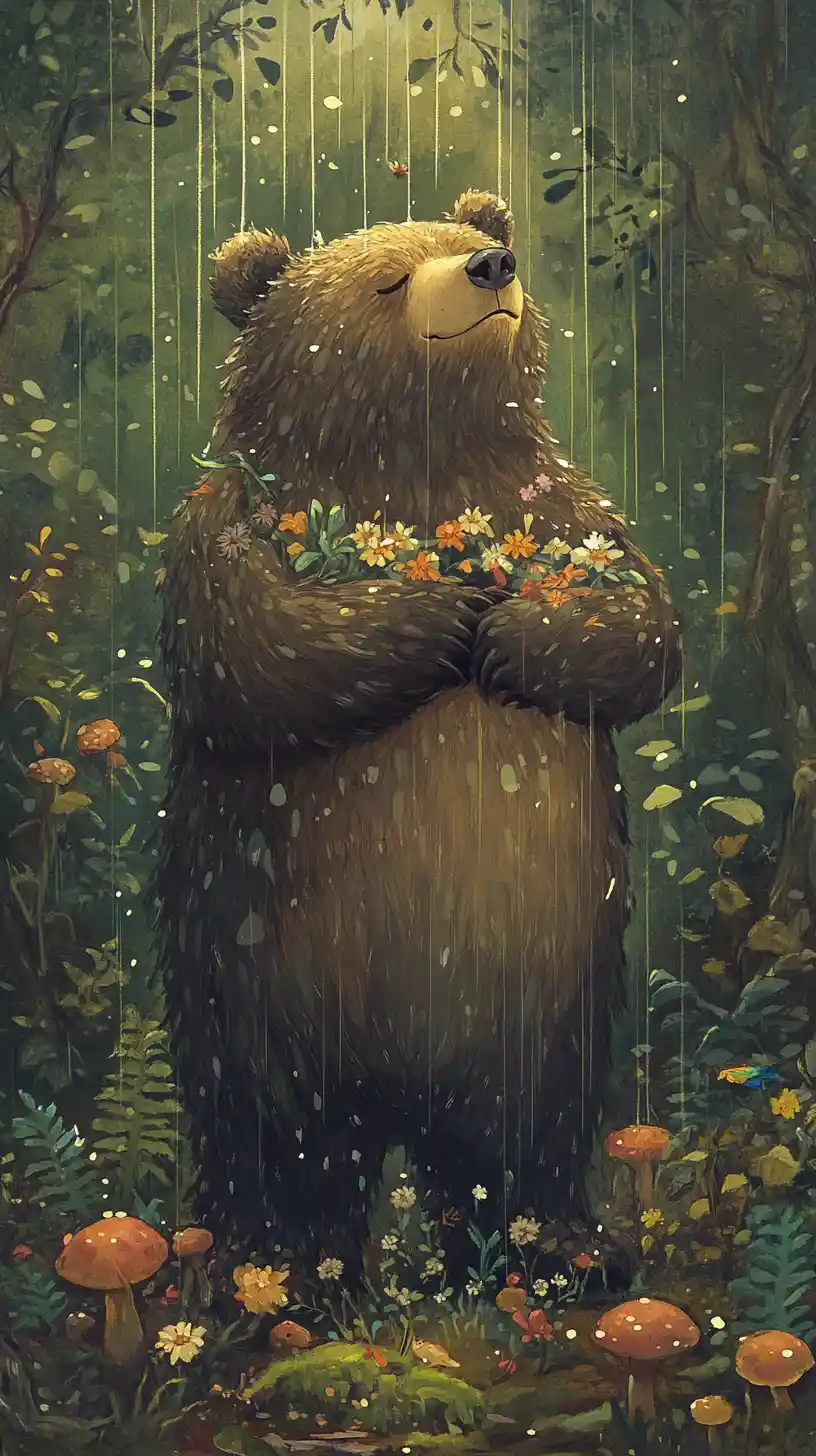 Peaceful bear sheltering woodland creatures in spring rain