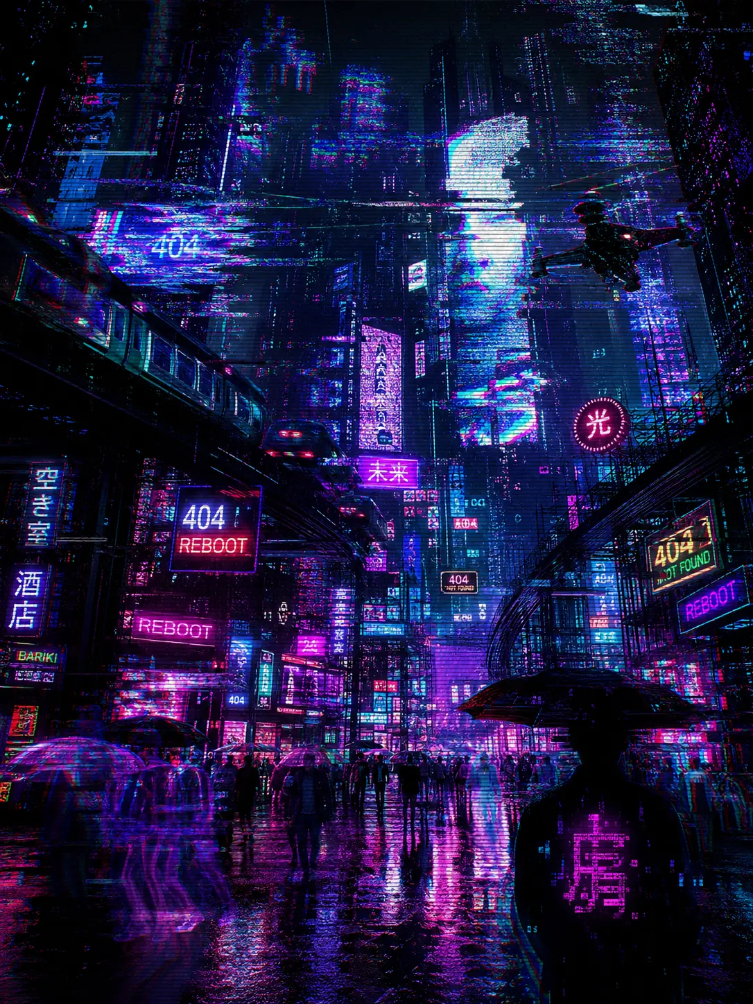 Horizonte cyberpunk que se derrite en un caos de neón con glitches