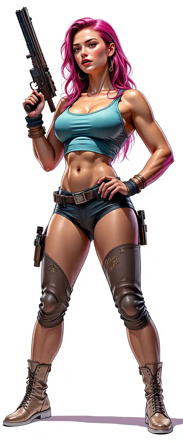 Pink haired woman posing with worn warhammer on white